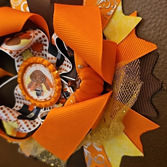 Large Turkey Thanksgiving Fall Round Ribbon Hair Bow - Picture 4 of 7